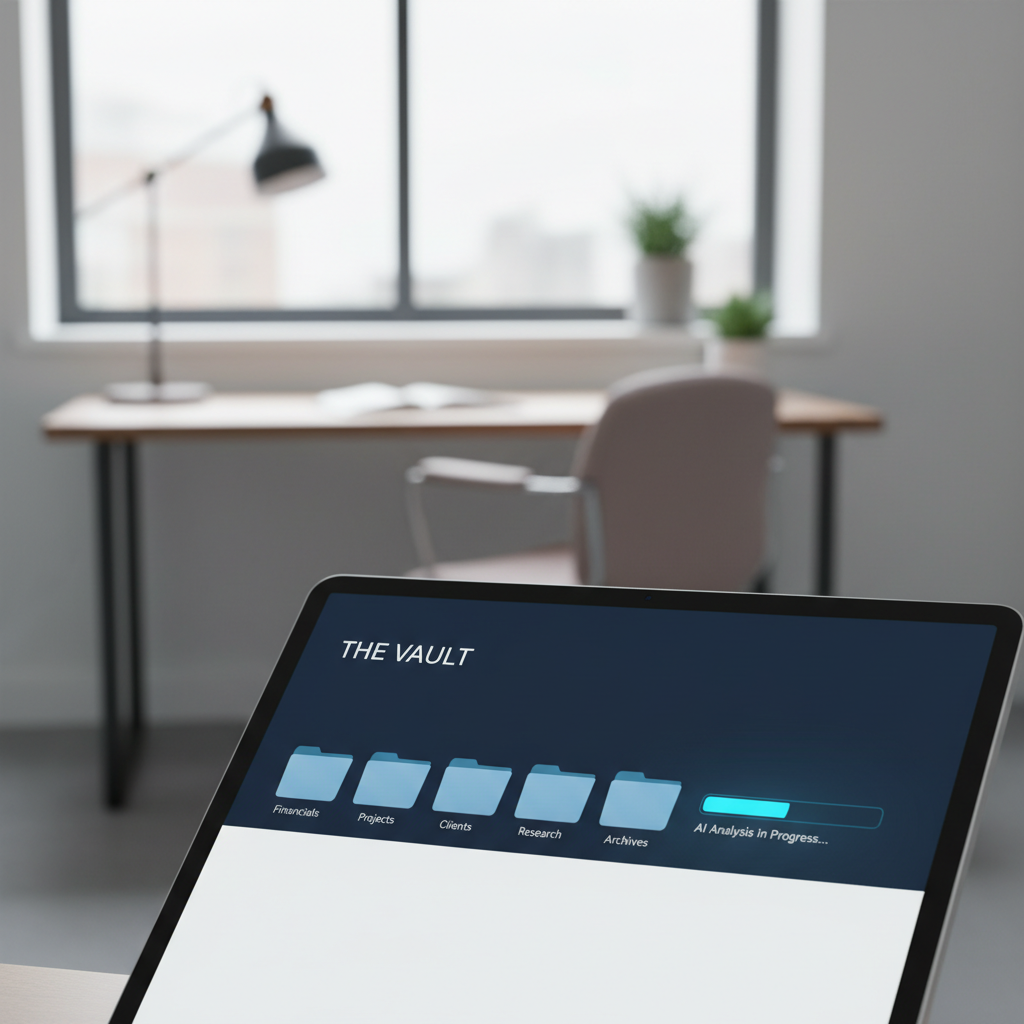 A digital interface displaying a 'Vault' of organized research papers with a side-by-side comparison of AI-generated drafts.