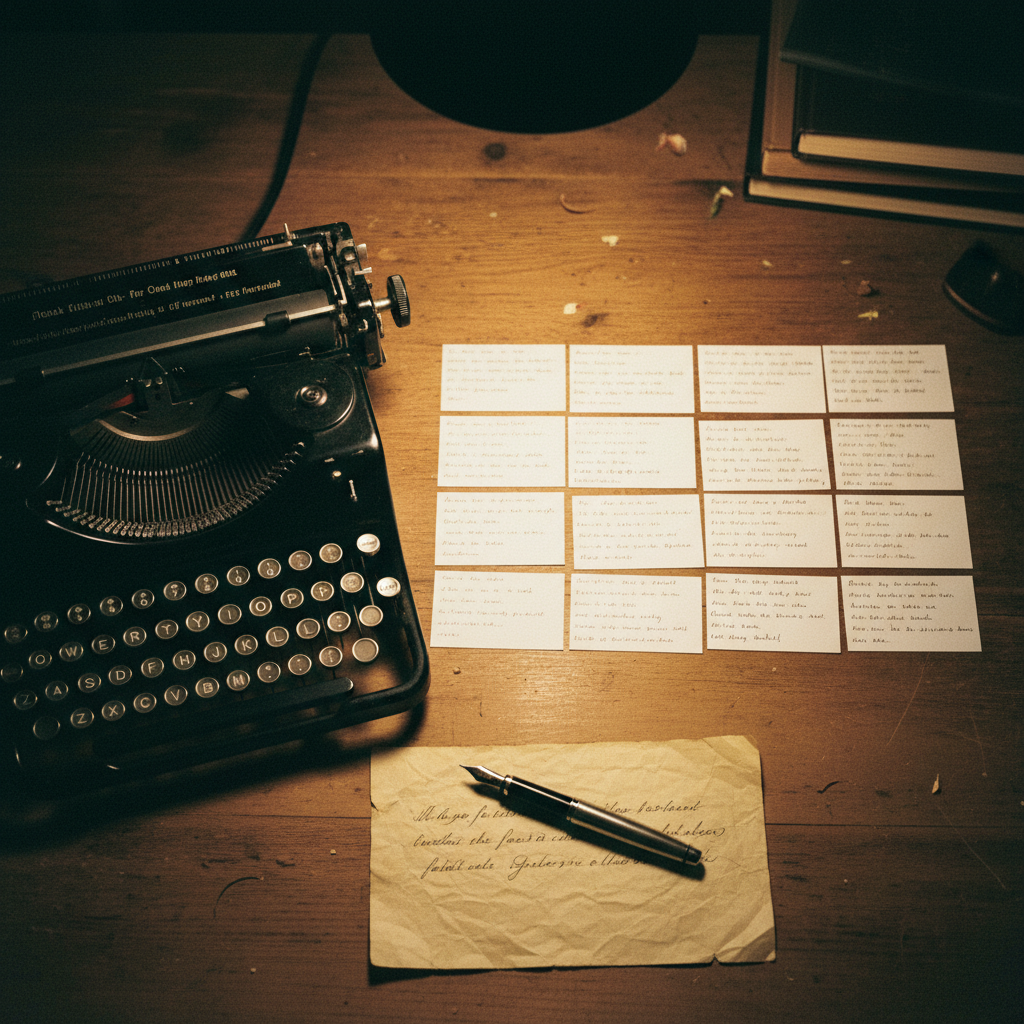 A meticulous workspace with a typewriter, a fountain pen, and a corkboard covered in pinned index cards.