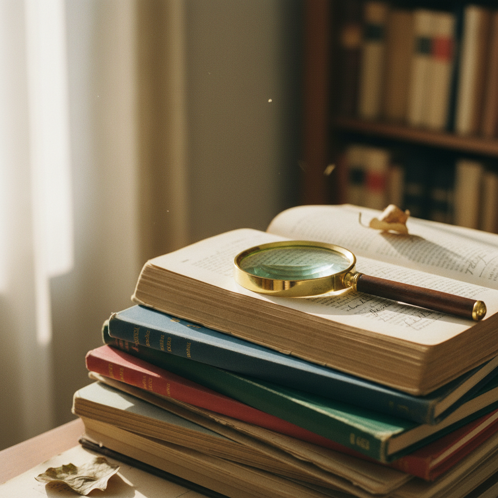 A heavy stack of academic journals on a dark wooden desk with a single magnifying glass resting on the top page.