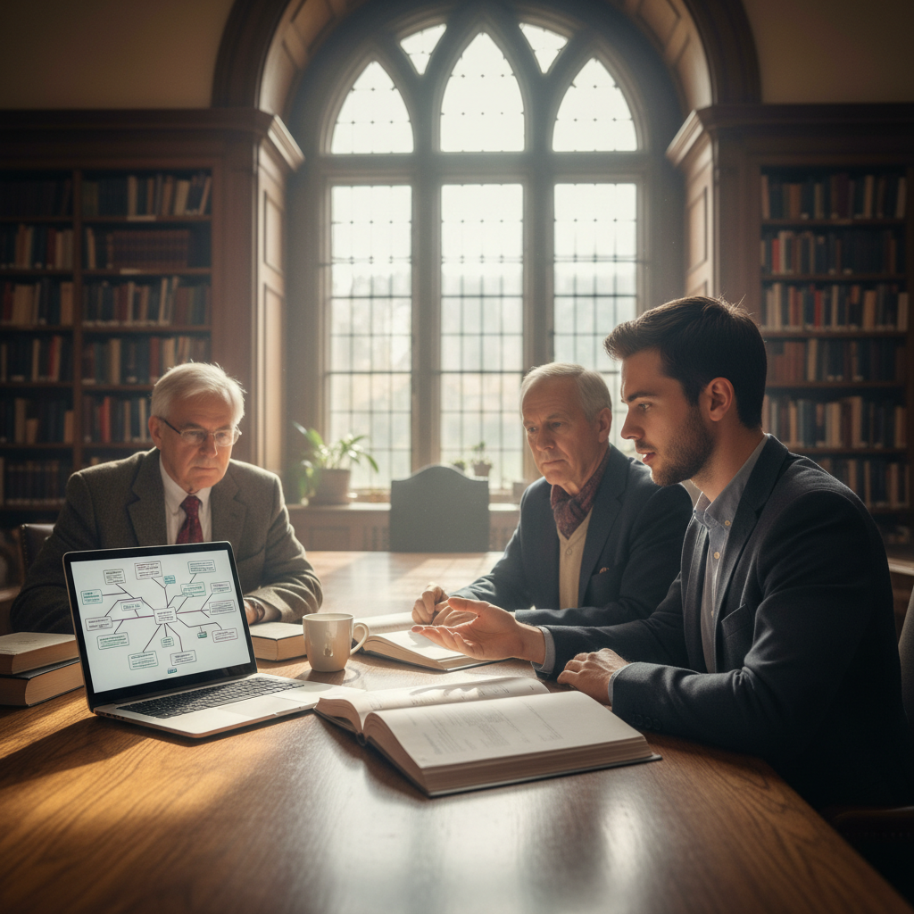A focused doctoral candidate sitting across from two professors in a traditional university wood-paneled room, with a laptop open showing a complex network of research nodes.