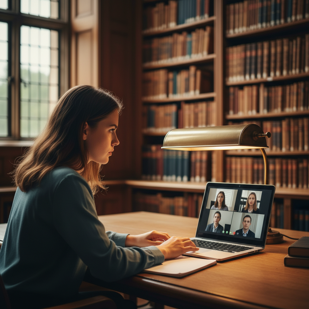 A focused PhD student practicing a presentation in a wood-paneled university library with a laptop displaying a voice-responsive interface.