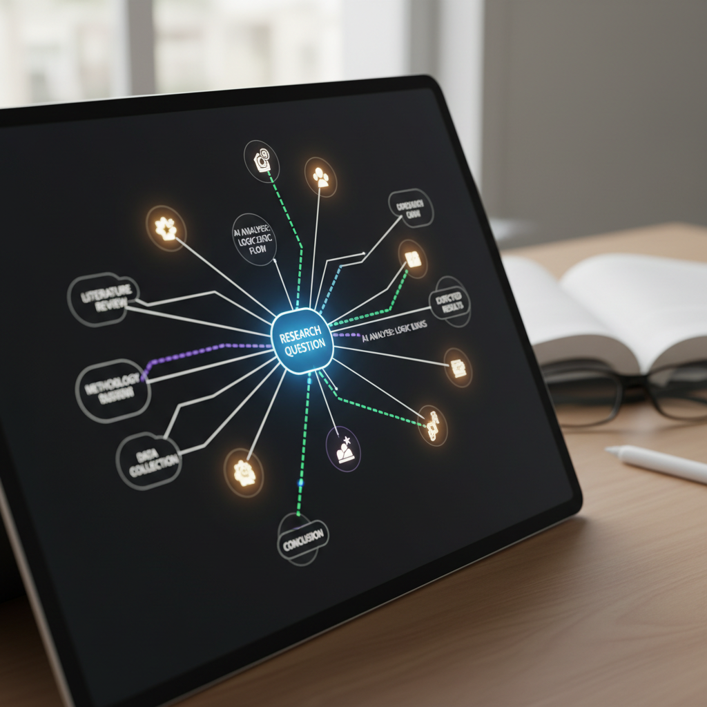 Graphic representation of a thesis structure being analyzed by digital light beams to find logical gaps.