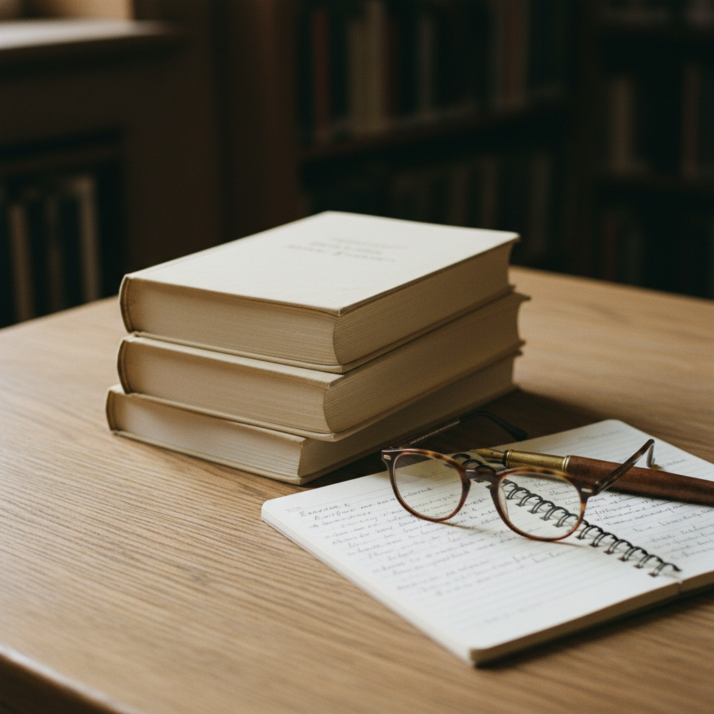 A close-up of a wooden desk with a stack of academic journals, a pair of glasses, and a fountain pen.