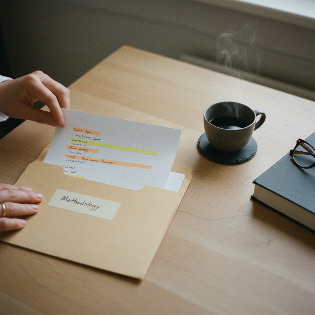 A focused view of a researcher's hands organizing printed research papers into categorized folders.