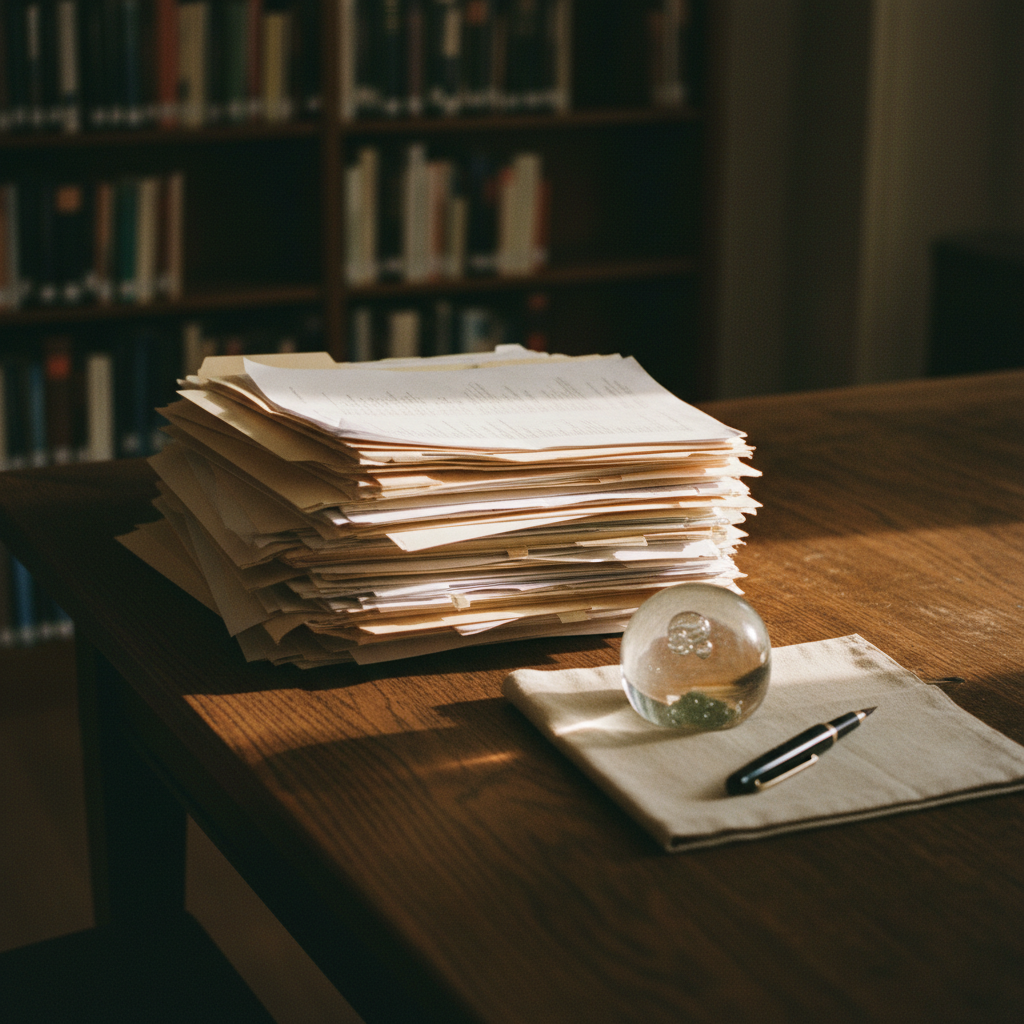 A clean, wooden desk with a stack of academic journals, a vintage brass lamp, and an open notebook with meticulous handwritten notes.