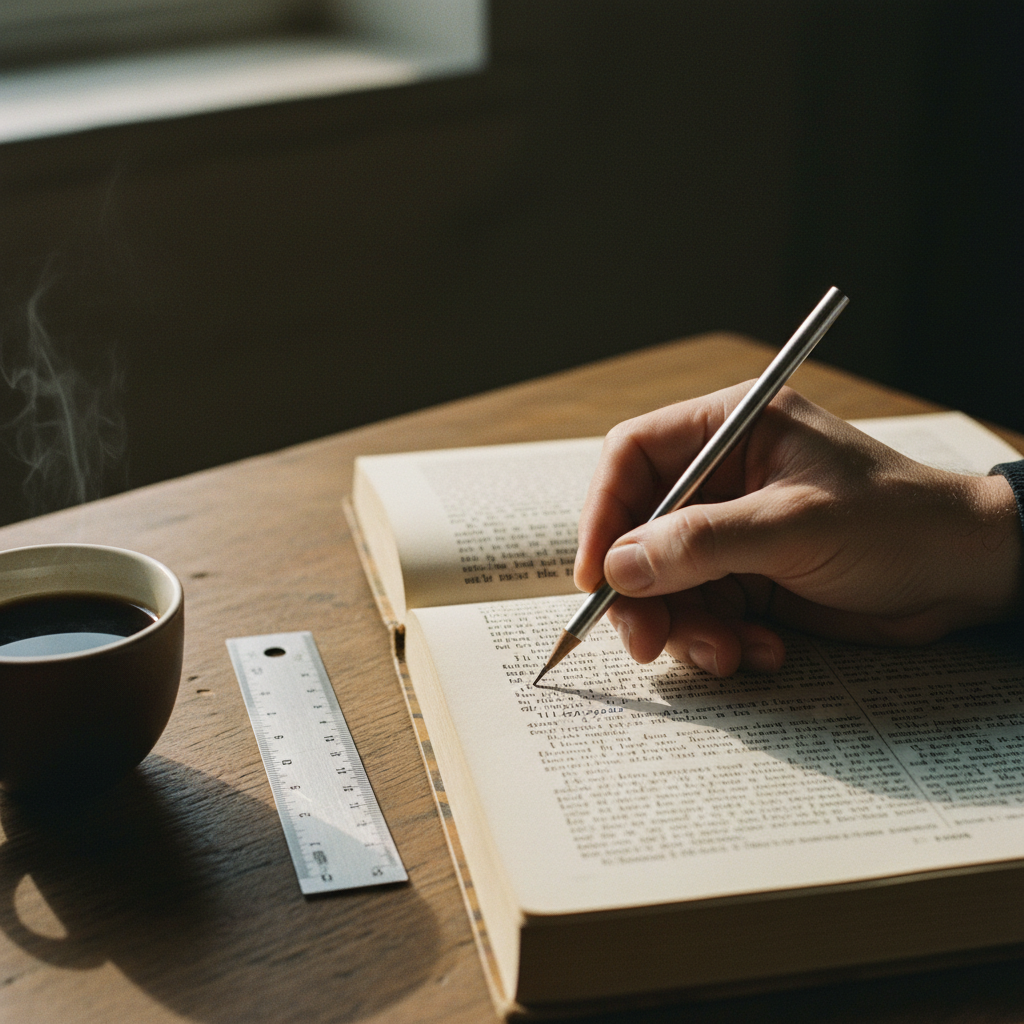 A close-up of a hand using a highlighter on a dense academic text next to a modern drafting compass and a ruler.