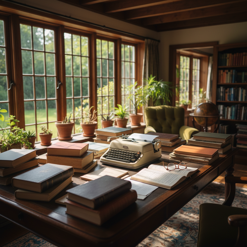A clean, modern workspace with a typewriter, a stack of leather-bound academic journals, and a fountain pen on a mahogany desk.