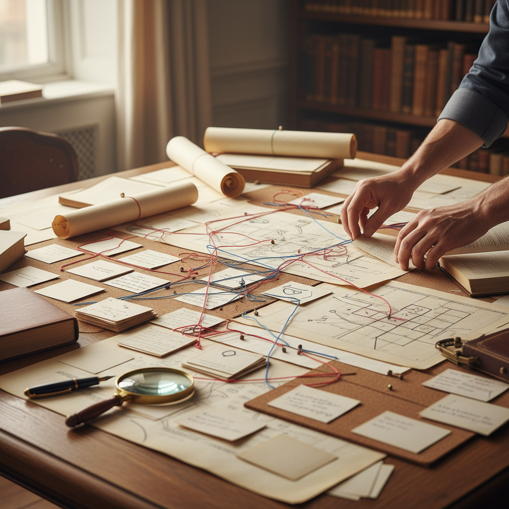 A detailed close-up of a hand-drawn conceptual map connecting different research papers and sources with ink lines.