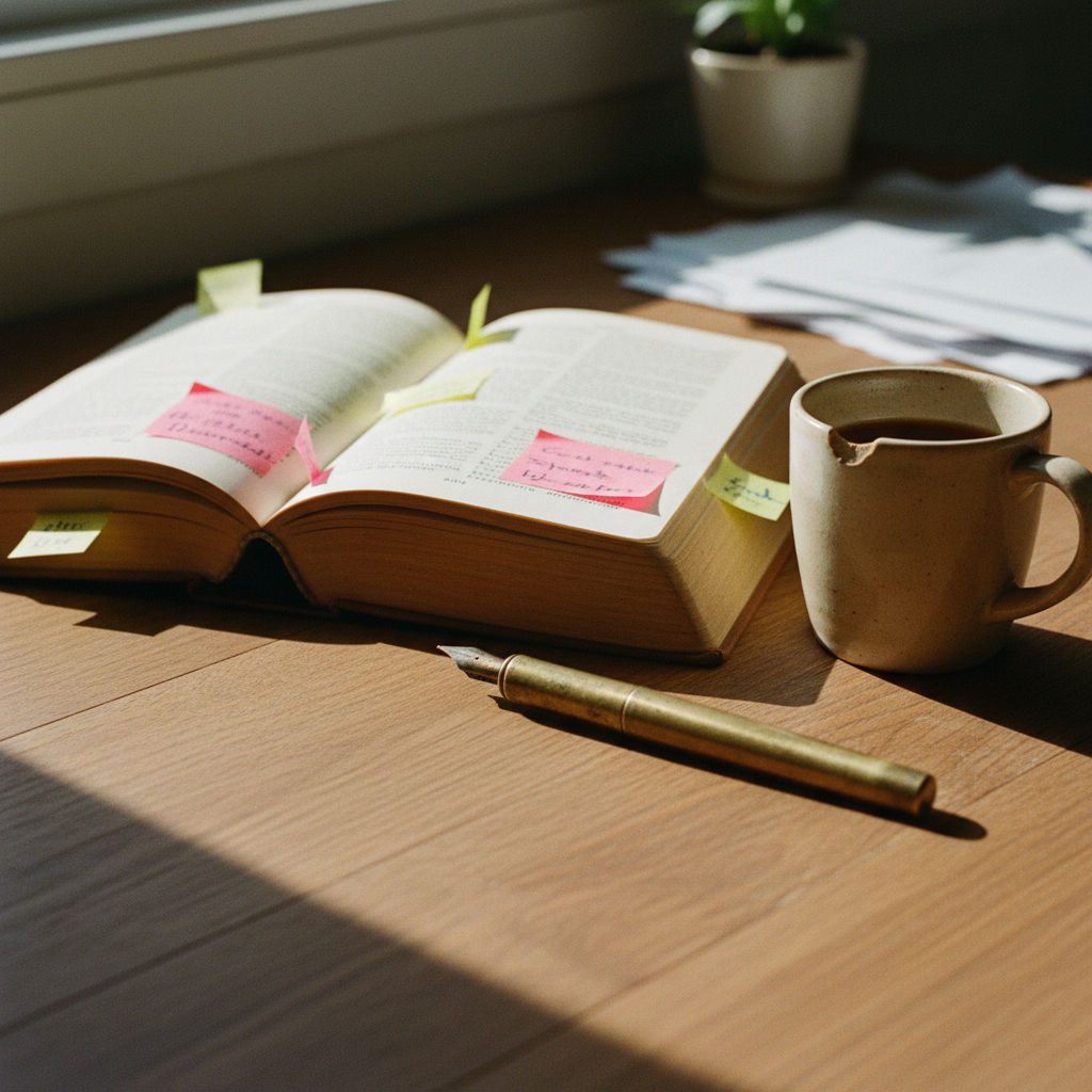 A close-up shot of a researcher's desk with a thick open textbook, a fountain pen resting on a yellow legal pad, and a focused beam of morning sunlight hitting the grain of the wooden table.