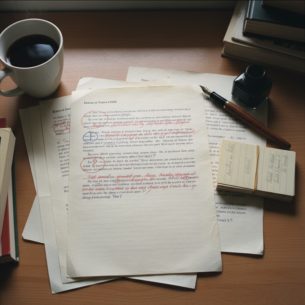 A bird's-eye view of several layers of paper drafts with red ink annotations and a small stack of index cards.