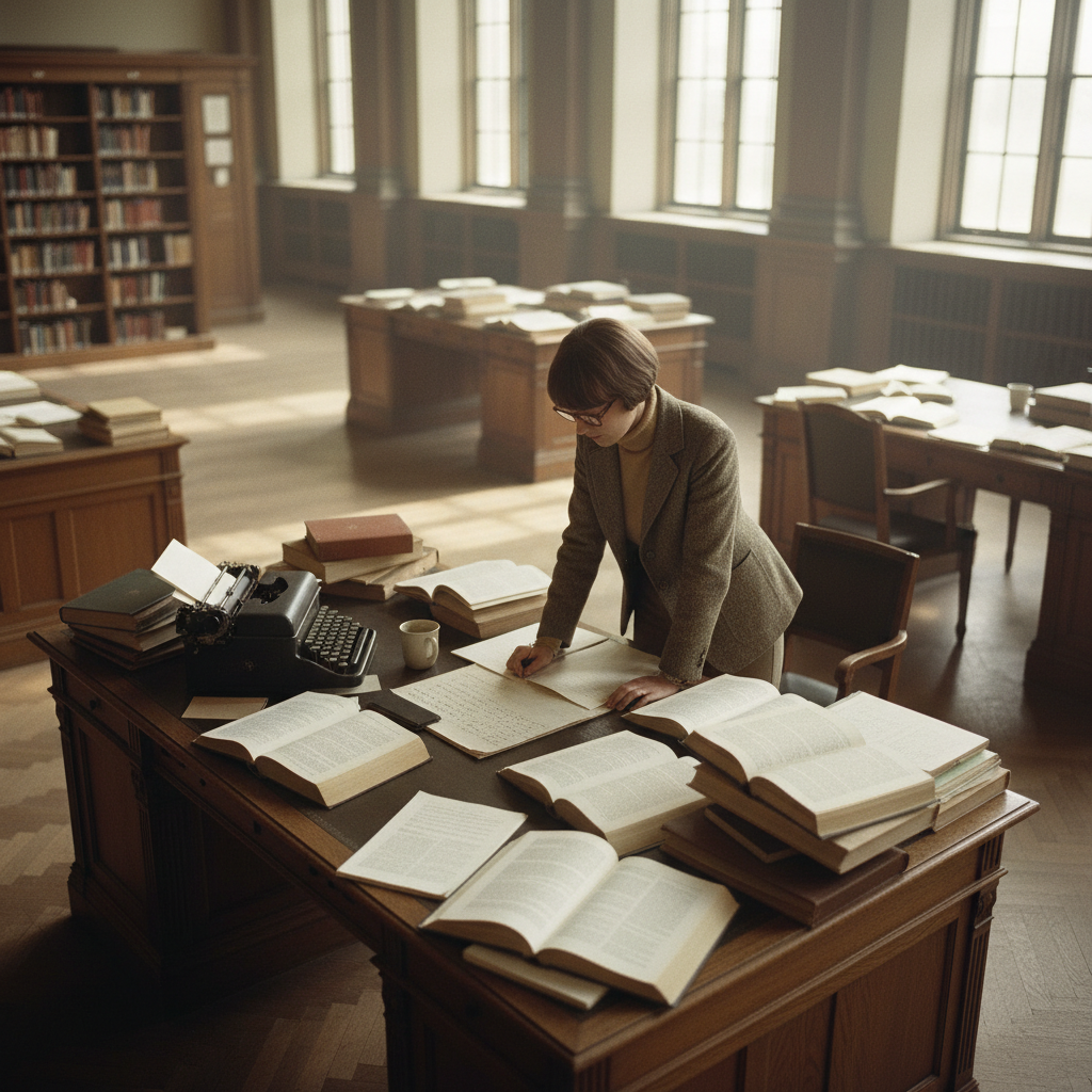 A focused researcher in a wood-paneled library examining a stack of academic journals.