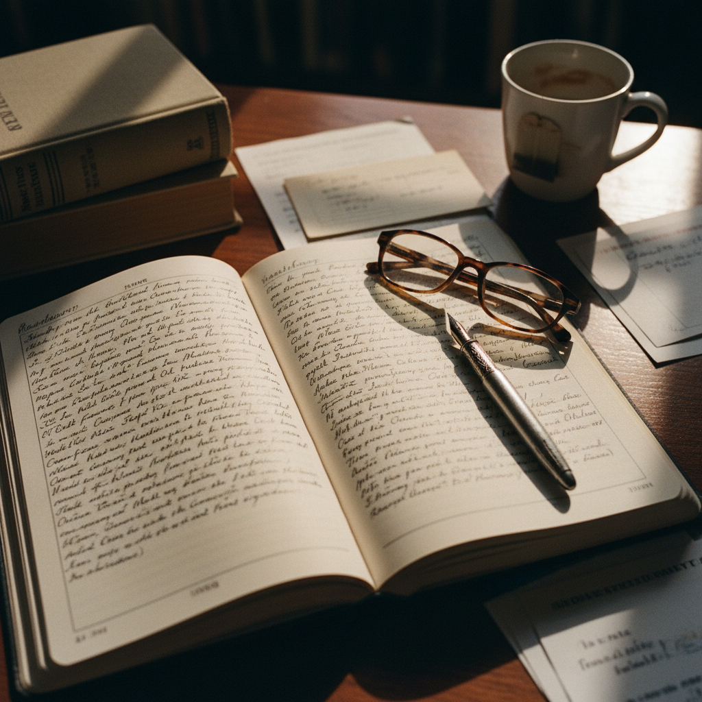 A close-up shot of an open, heavily annotated academic journal lying on a dark wooden desk next to a classic fountain pen and a pair of reading glasses.