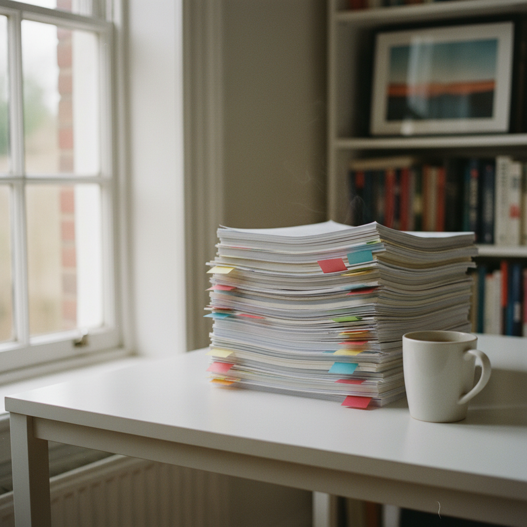 A stack of vintage academic textbooks and modern printed research papers organized with color-coded sticky notes on a clean, minimalist workspace.