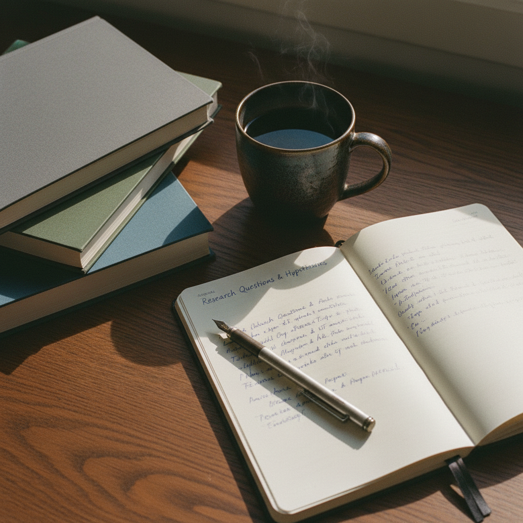 A top-down view of a researcher's wooden desk with a stack of printed academic journals, a mechanical pencil, and an open notebook.