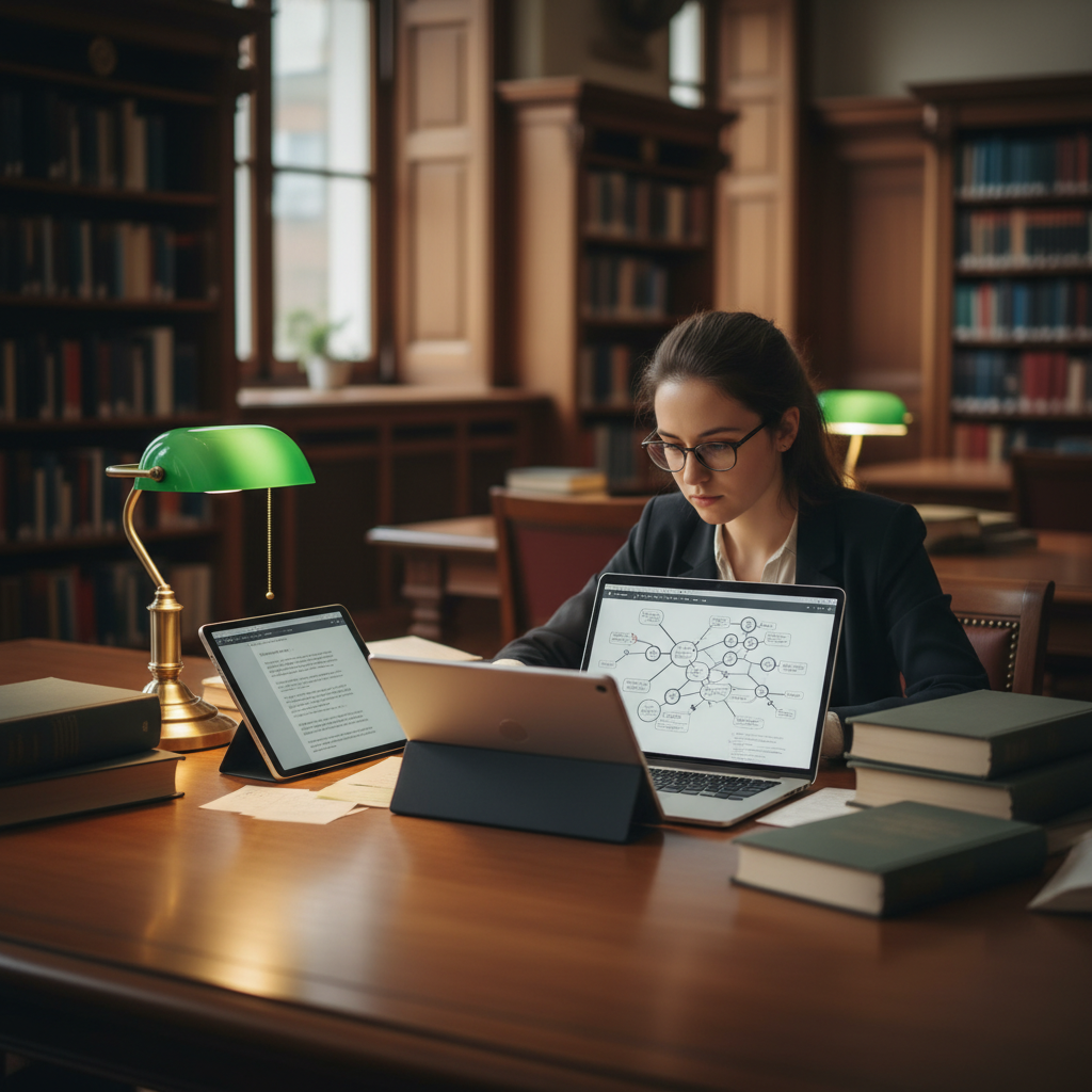 A student in an oak-paneled library looking at a laptop and a stack of books.