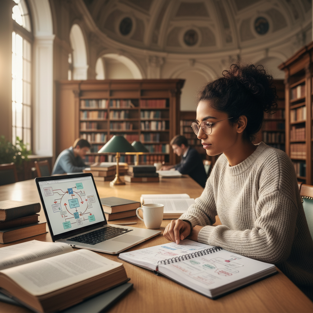 A postgraduate student studying in a modern library with a laptop and a stack of academic journals.