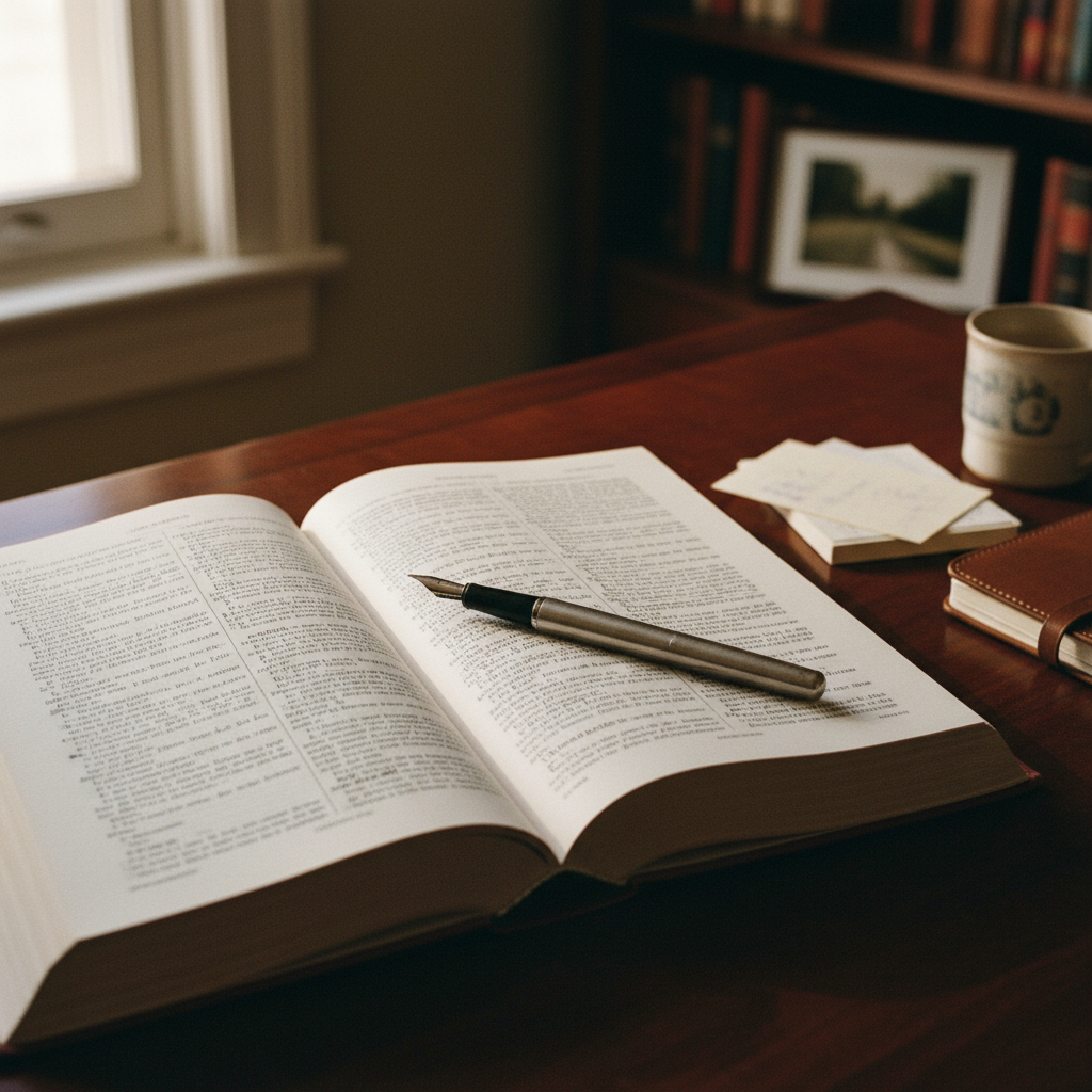 Close-up of an open academic journal and a vintage fountain pen on a dark wood desk.