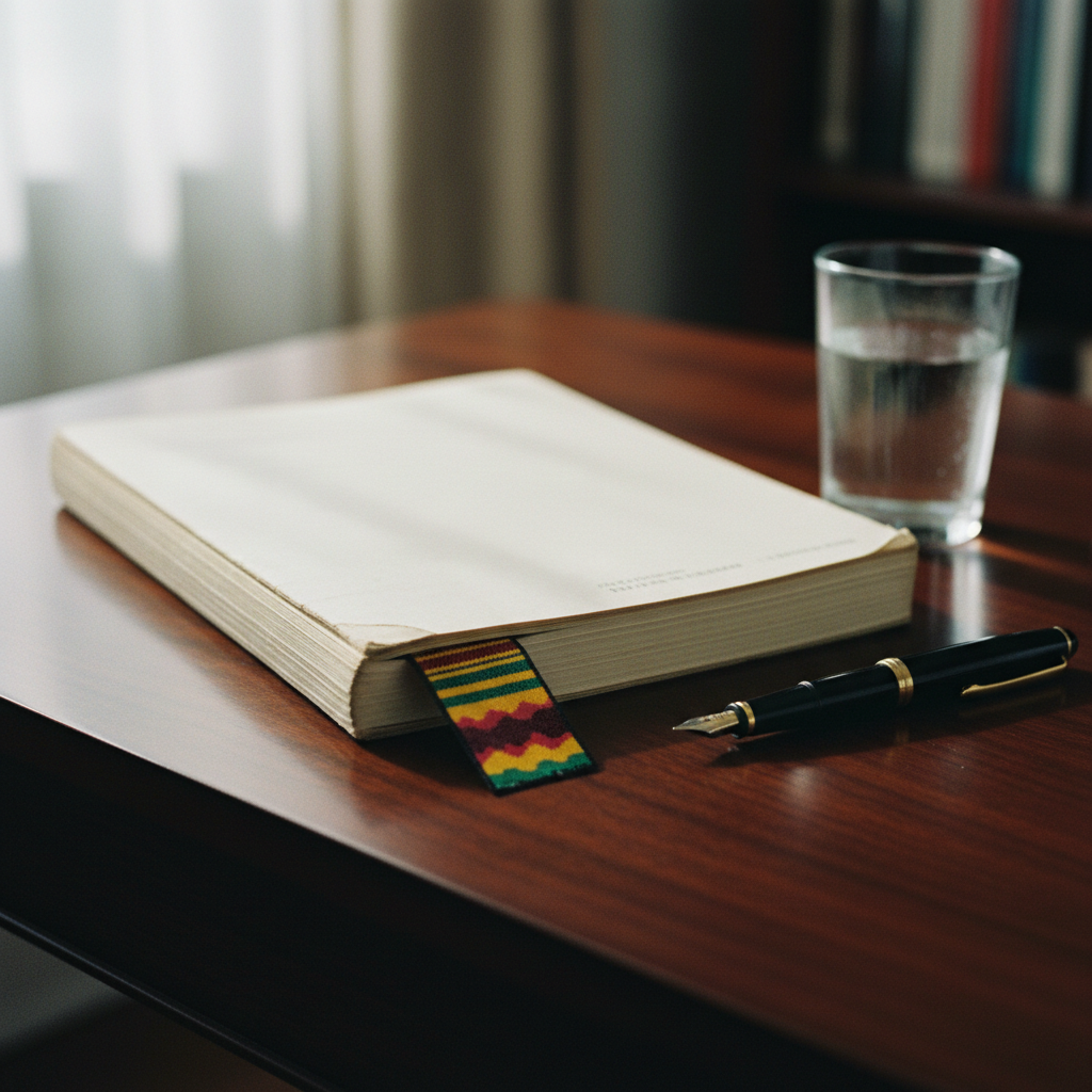 A high-quality close-up of a printed thesis manuscript on a wooden desk with a traditional Ghanaian kente-patterned bookmark and a vintage fountain pen.