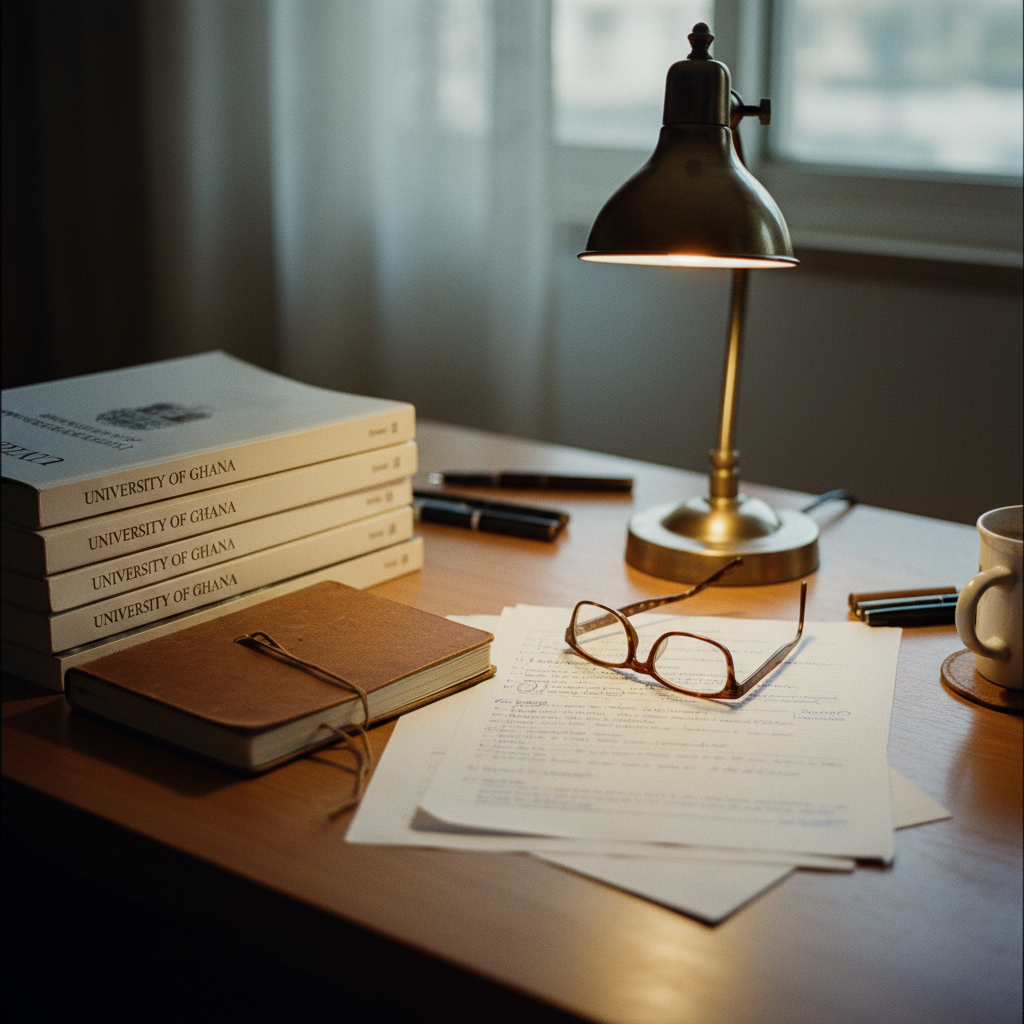 A researcher’s workspace in Accra featuring a stack of academic journals, a notebook with handwritten citations, and a desk lamp.