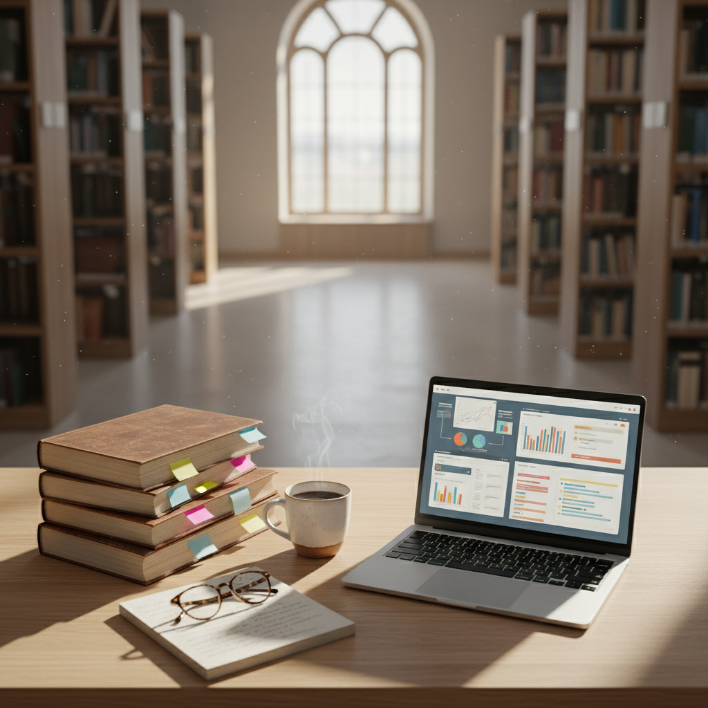 A modern researcher working in a quiet library with a laptop and various academic journals, emphasizing a focused and scholarly atmosphere.