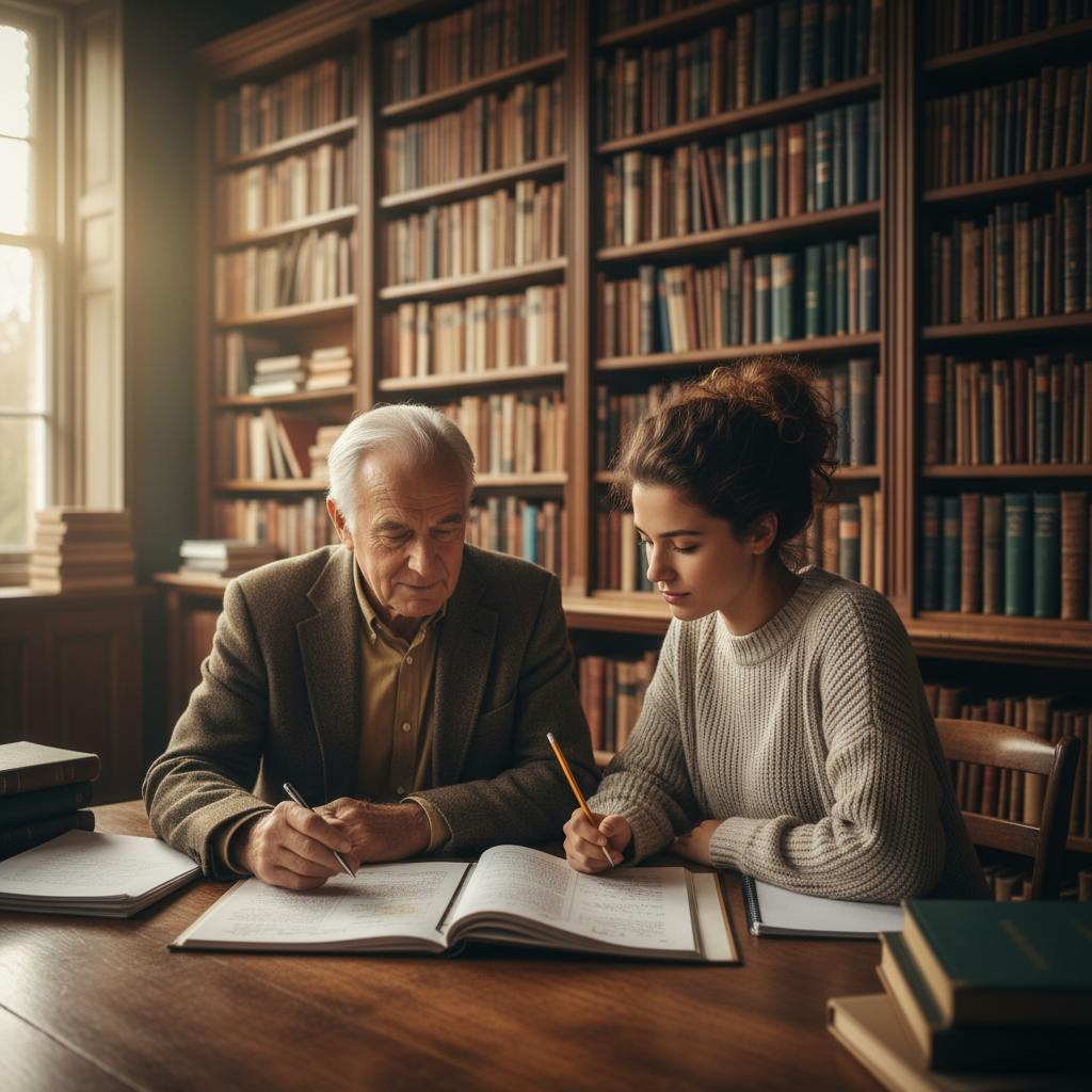 Two people engaged in a professional academic discussion in a wood-paneled university office.