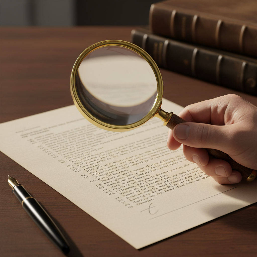 A magnifying glass hovering over a series of printed citations.