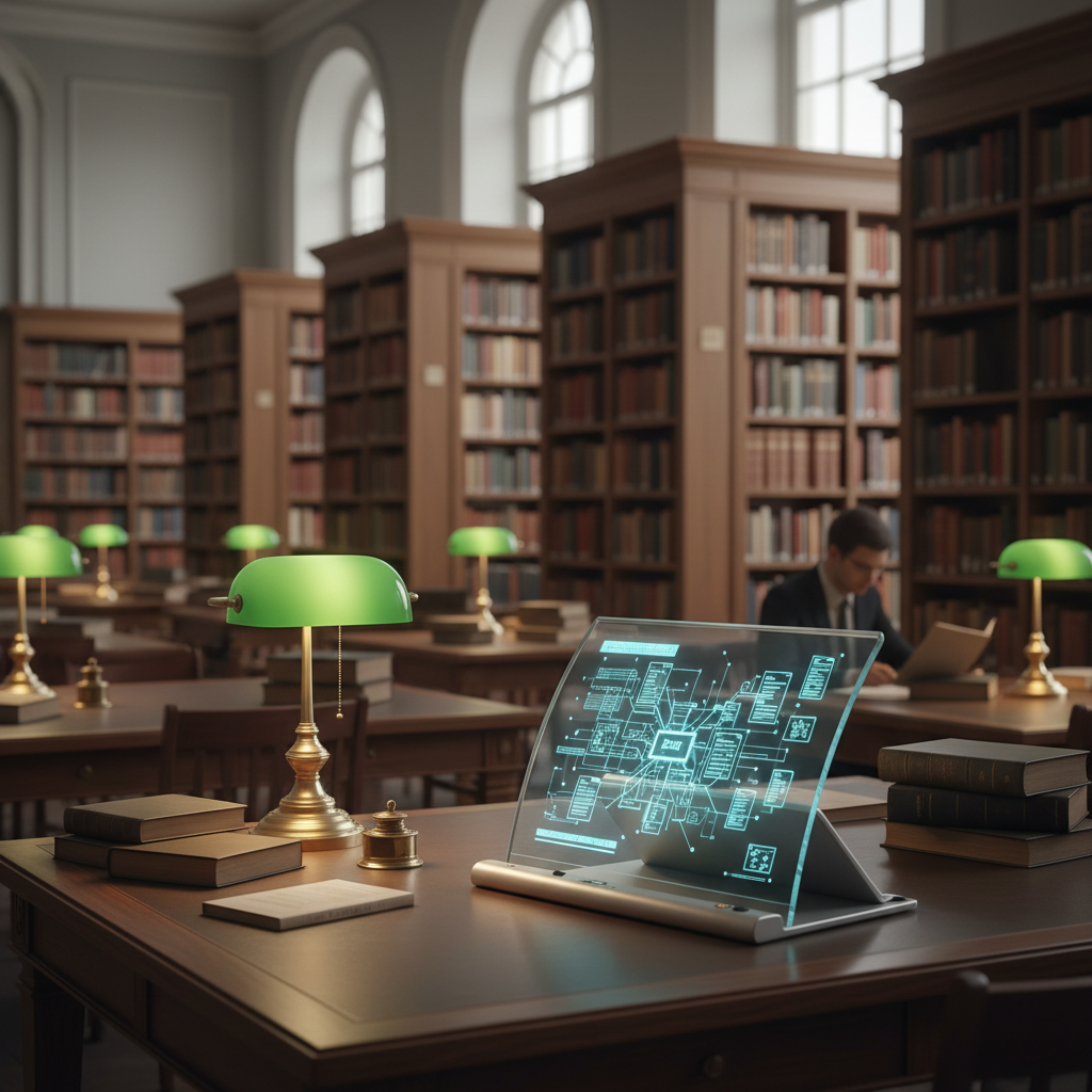 A vintage 1970s library setting with a futuristic glowing terminal on a wooden desk.