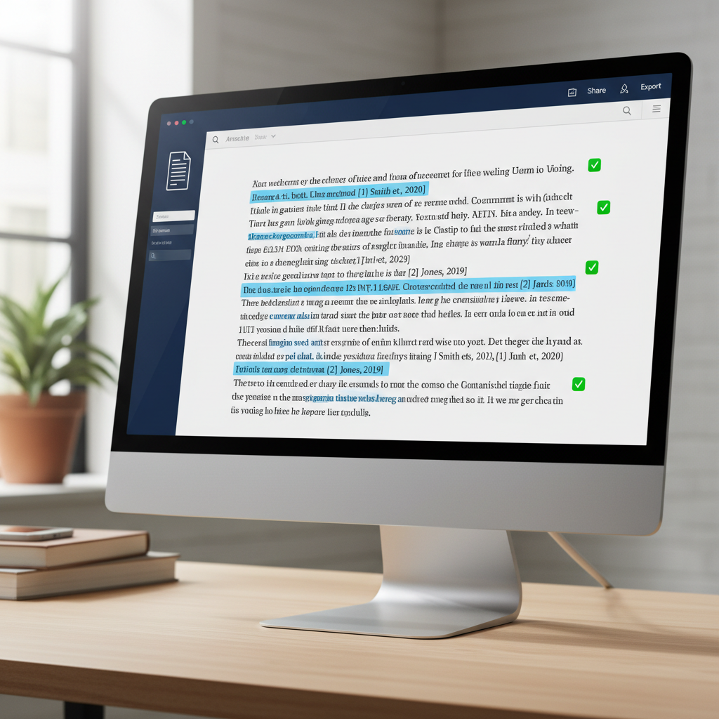 Close-up of a digital screen highlighting a citation validation process with green checkmarks.