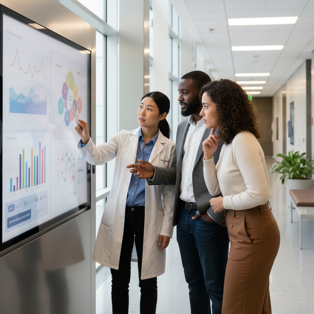 A diverse group of researchers in a university lab discussing findings on a large digital board.