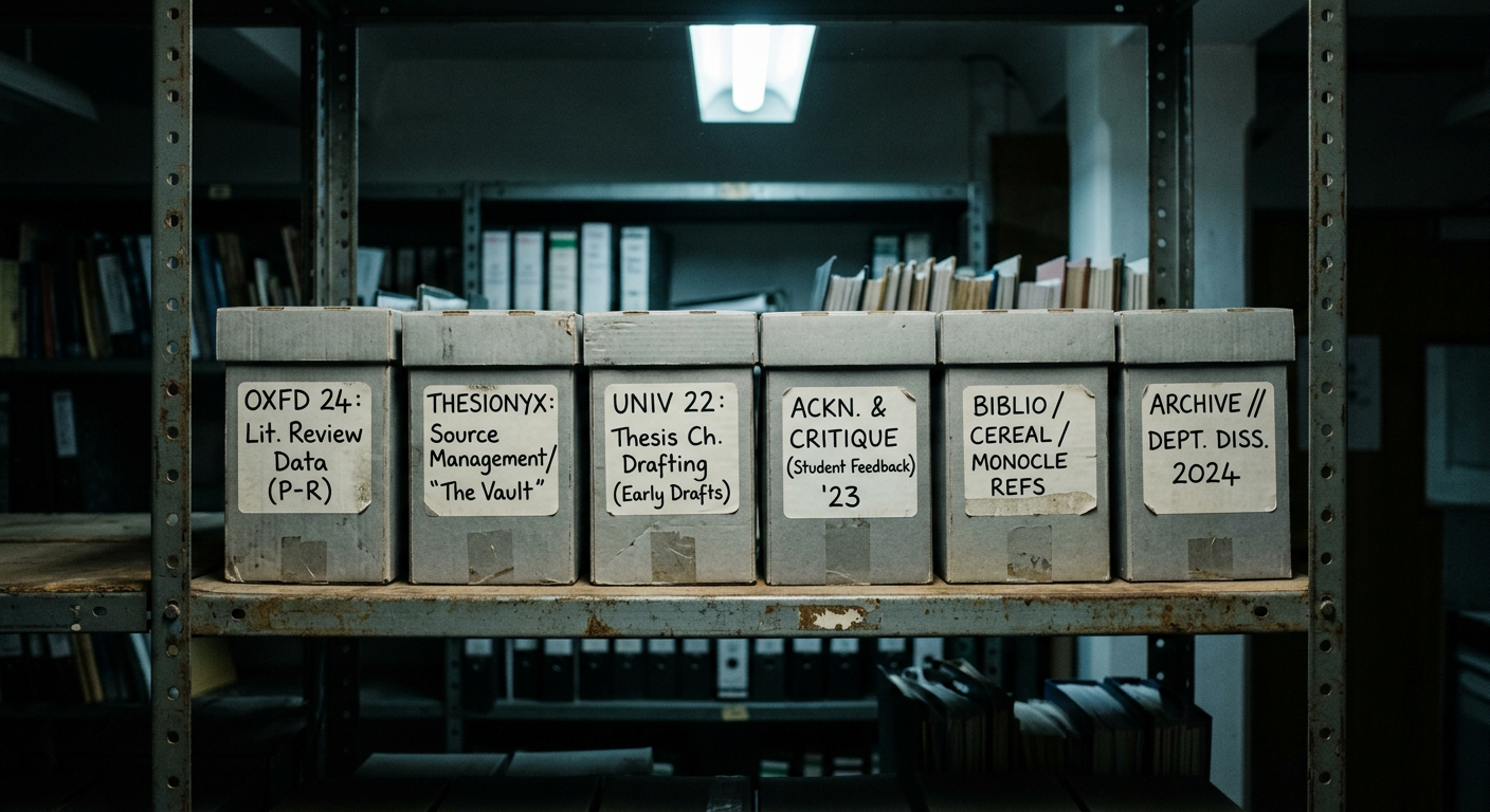 A shelf of archival boxes in a university basement.