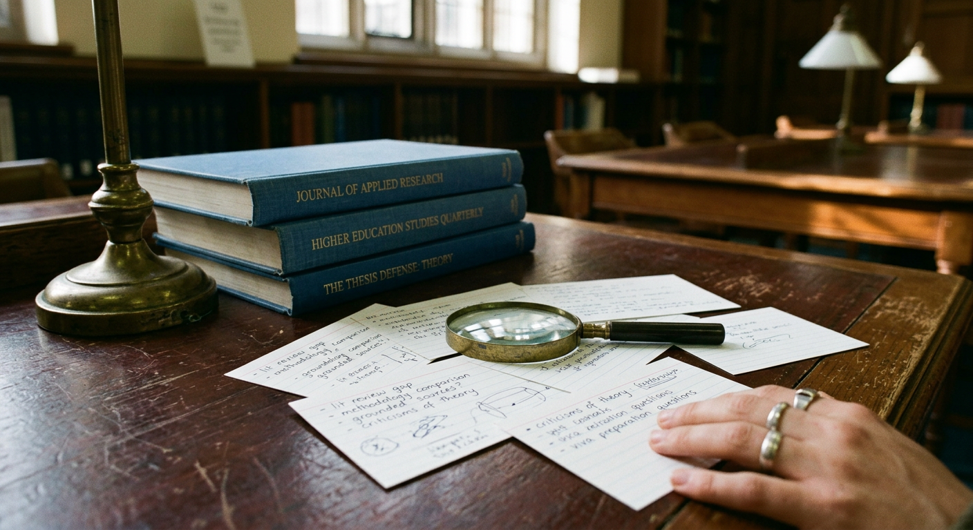 A stack of hardcover academic journals and a wooden desk with a vintage lamp and a magnifying glass.