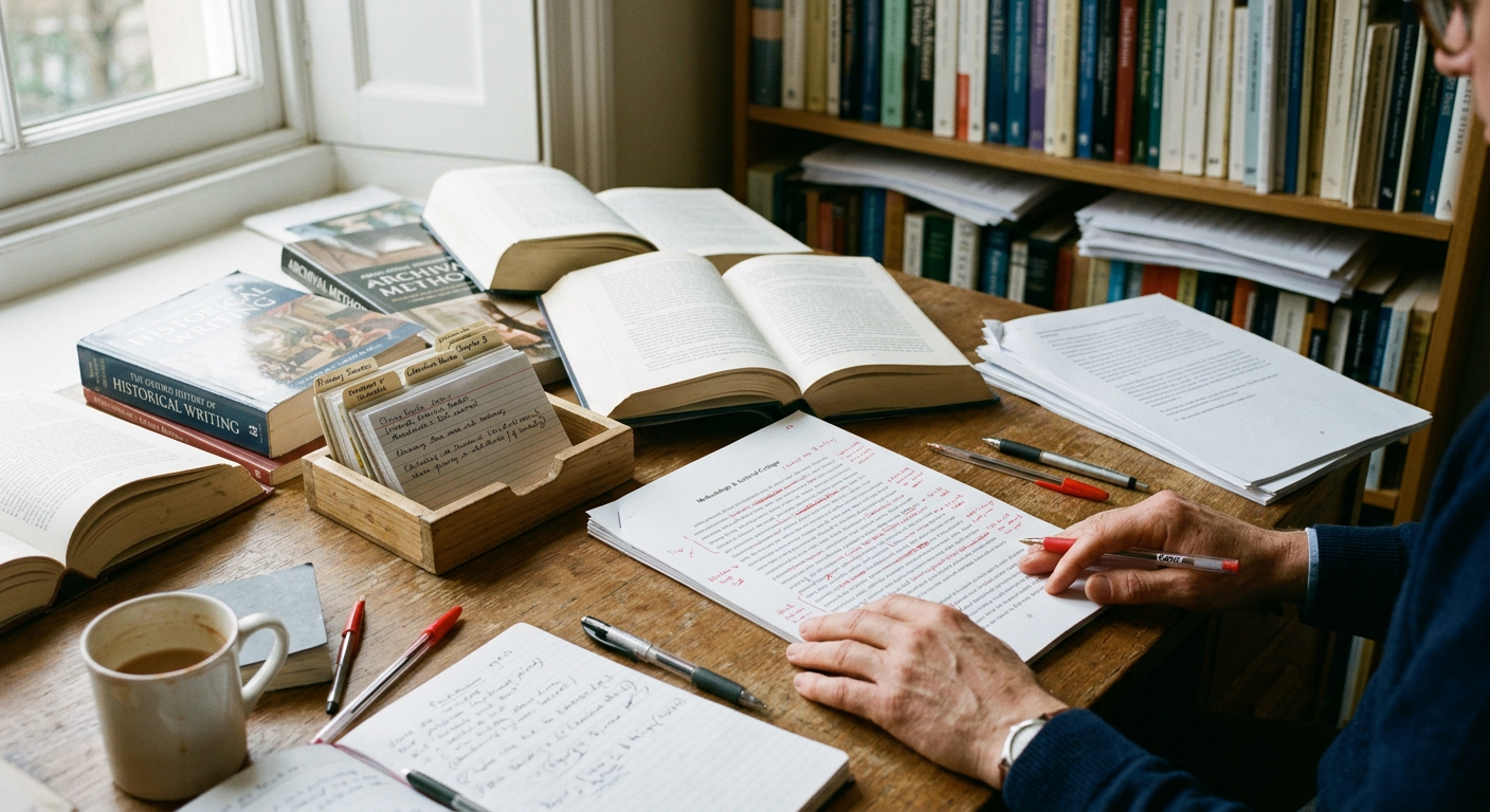 A messy stack of printed thesis chapters next to a wooden card catalog drawer.