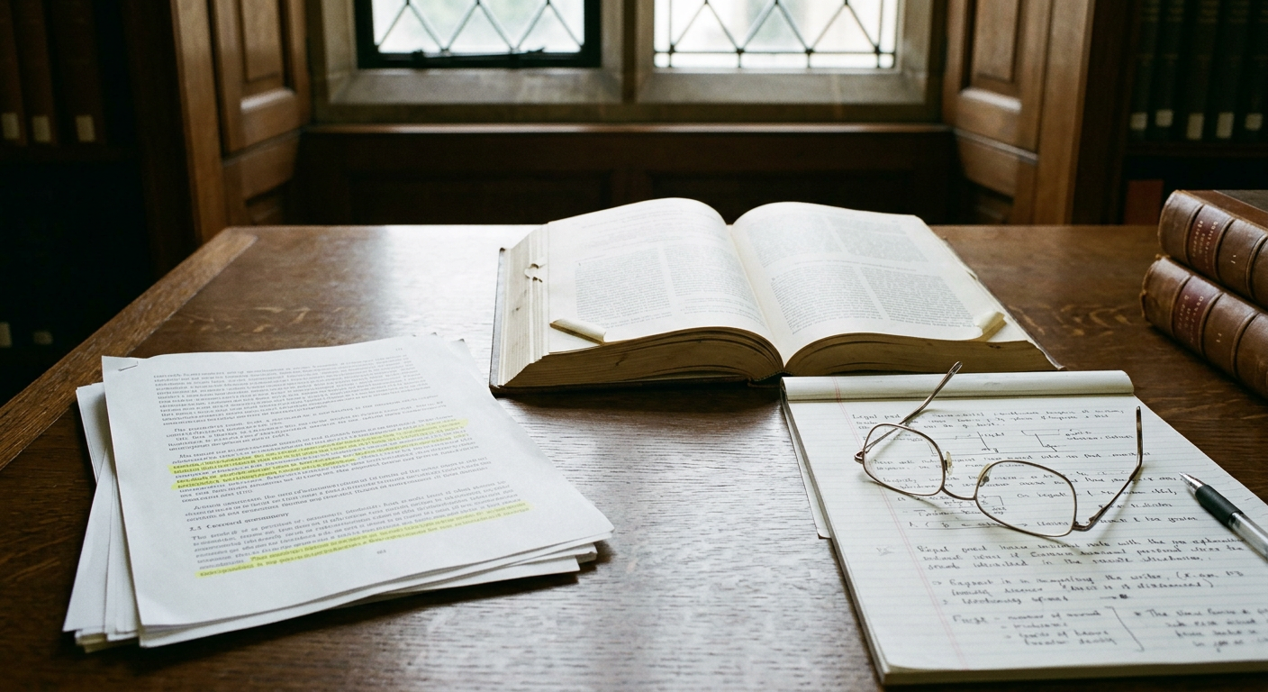 A close-up shot of a library desk with an open leather-bound notebook, a heavy academic volume with post-it notes, and a fountain pen.