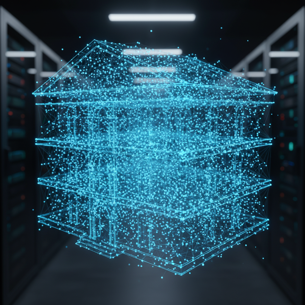 A digital visualization of a research library connecting different academic papers with glowing nodes.
