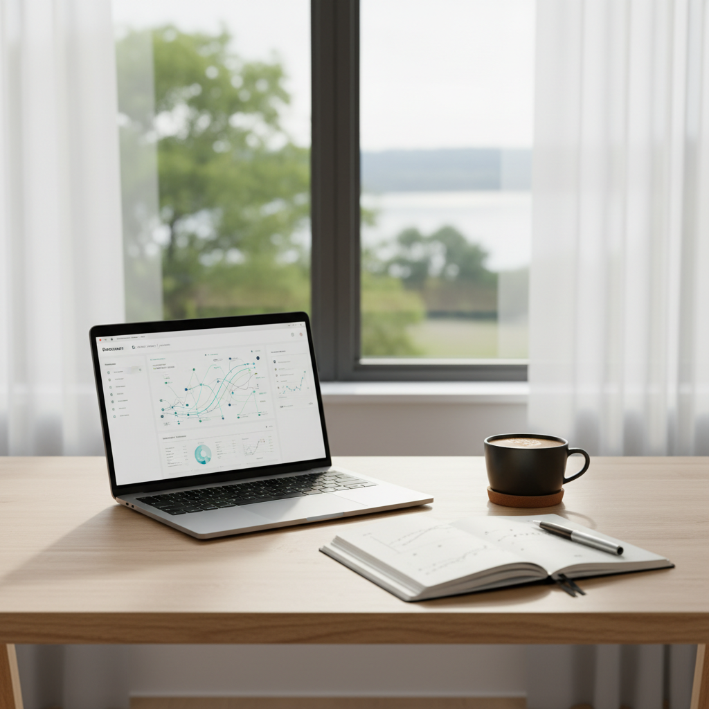 A modern student workspace with a laptop, notebooks, and a glass of water, showing a clean interface for research management.