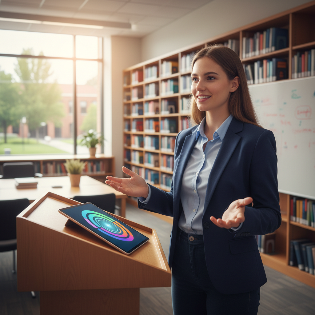 A student practicing for a presentation in front of a mirror with a digital tablet showing practice questions.