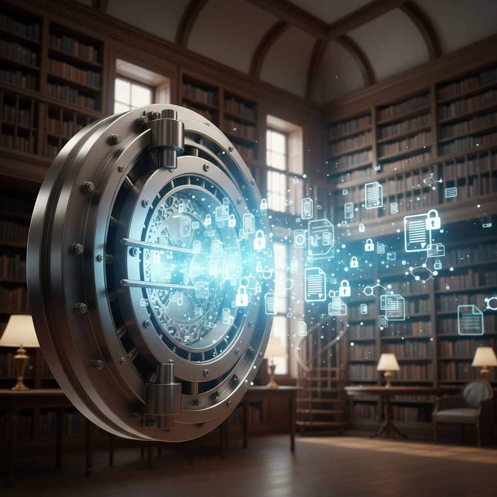 A digital visualization of a secure vault protecting intellectual data and research papers.