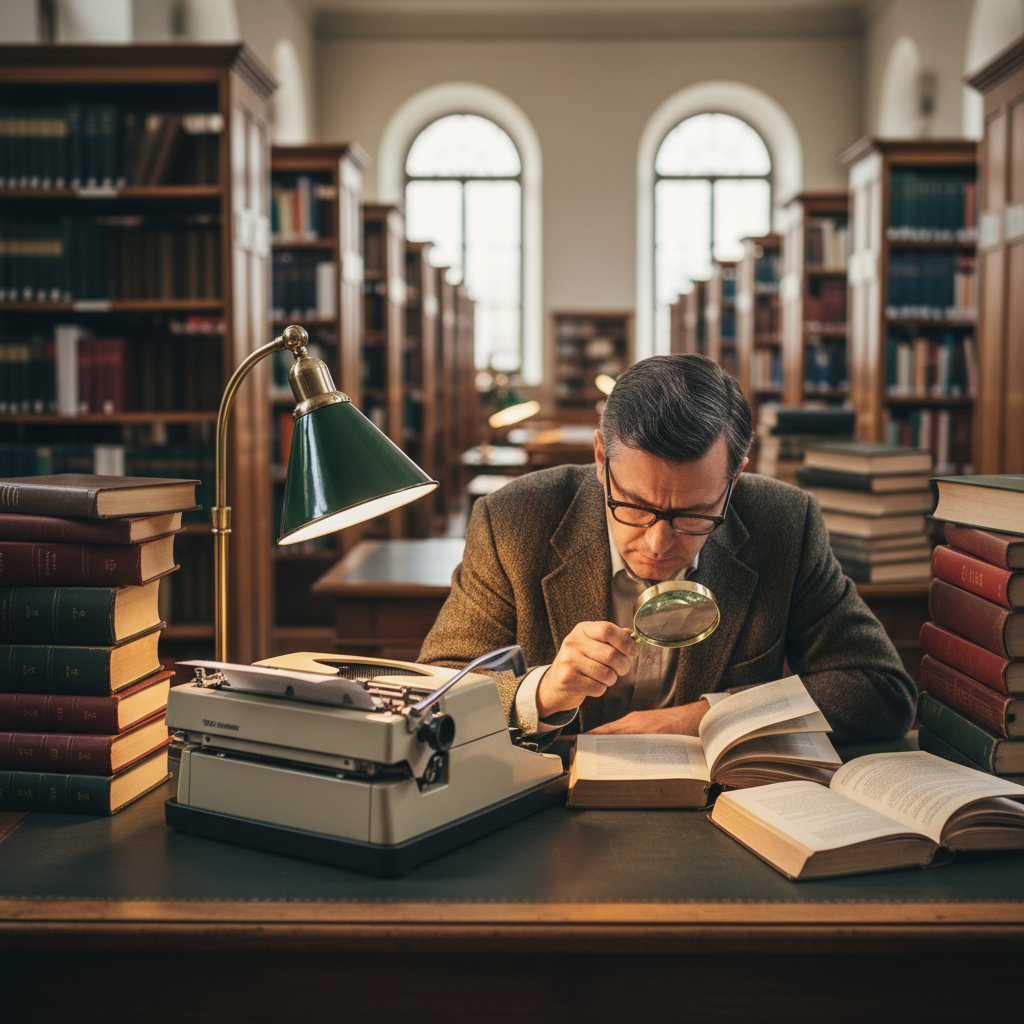 A vintage 1970s researcher at a massive wooden desk covered in physical journals and a typewriter, looking overwhelmed by a mountain of paper.深度