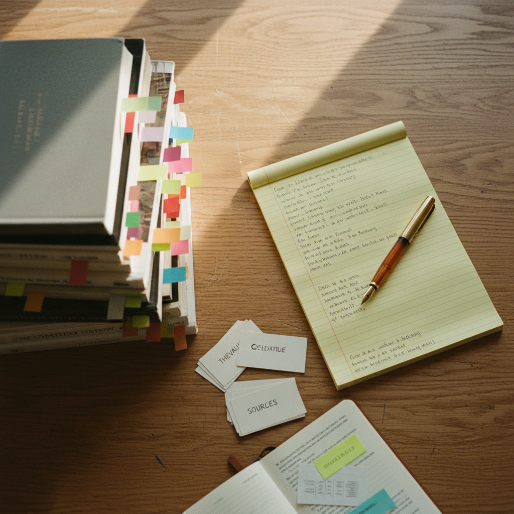 Close-up of a stack of academic journals and a wooden desk with a fountain pen.
