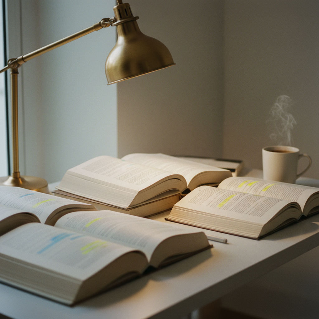 A collection of organized research papers and a small desk lamp.