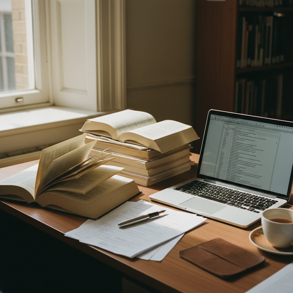 A close-up of an academic's desk with a stack of hardcover journals, a fountain pen, and a laptop showing a clean text editor.