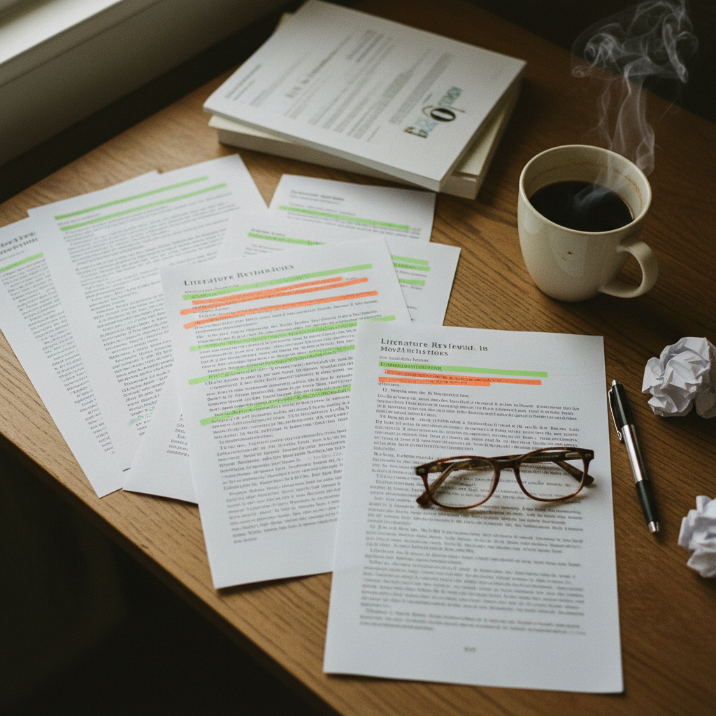 A collection of printed research papers with colorful highlighter marks and sticky notes on a wooden table.