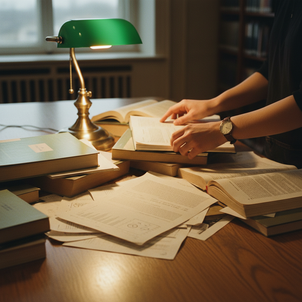 A detailed shot of a researcher's hands organizing printed research papers into a physical folder, reflecting the digital 'Vault' process.