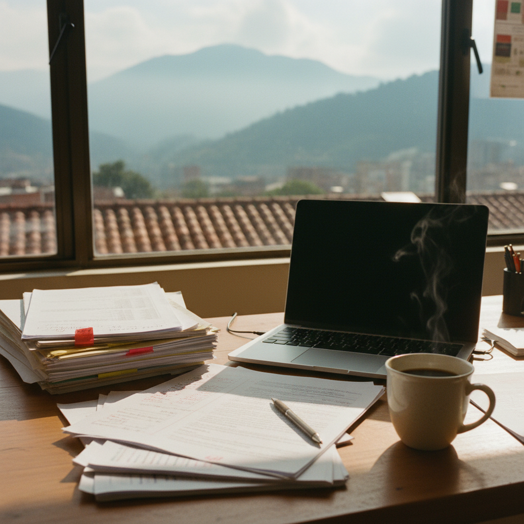 A close-up of a well-organized researcher's desk in Bogotá with a laptop, several printed academic journals with highlights, and a cup of Colombian coffee.