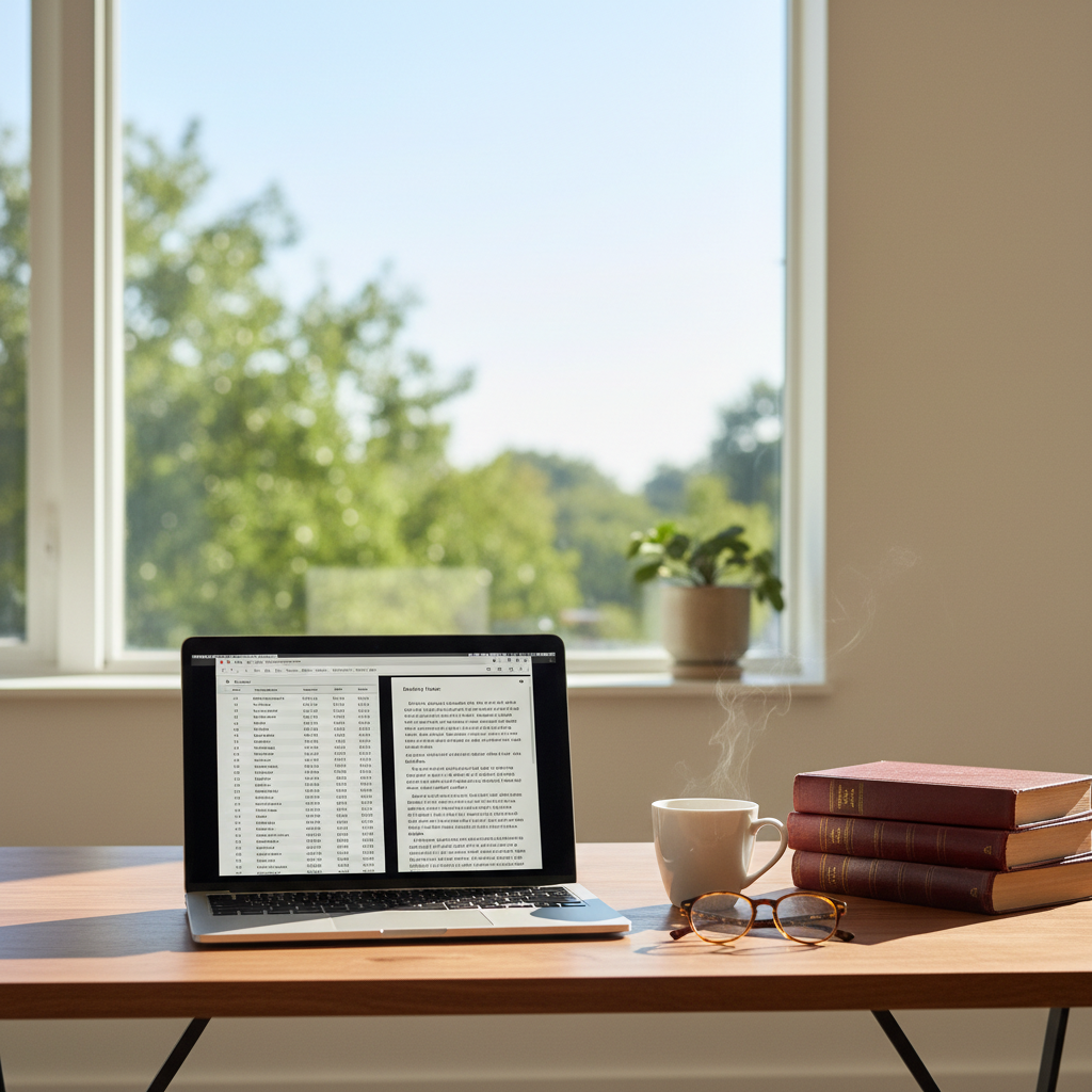 A clean, modern workspace with a laptop showing a complex research paper and a stack of academic journals.