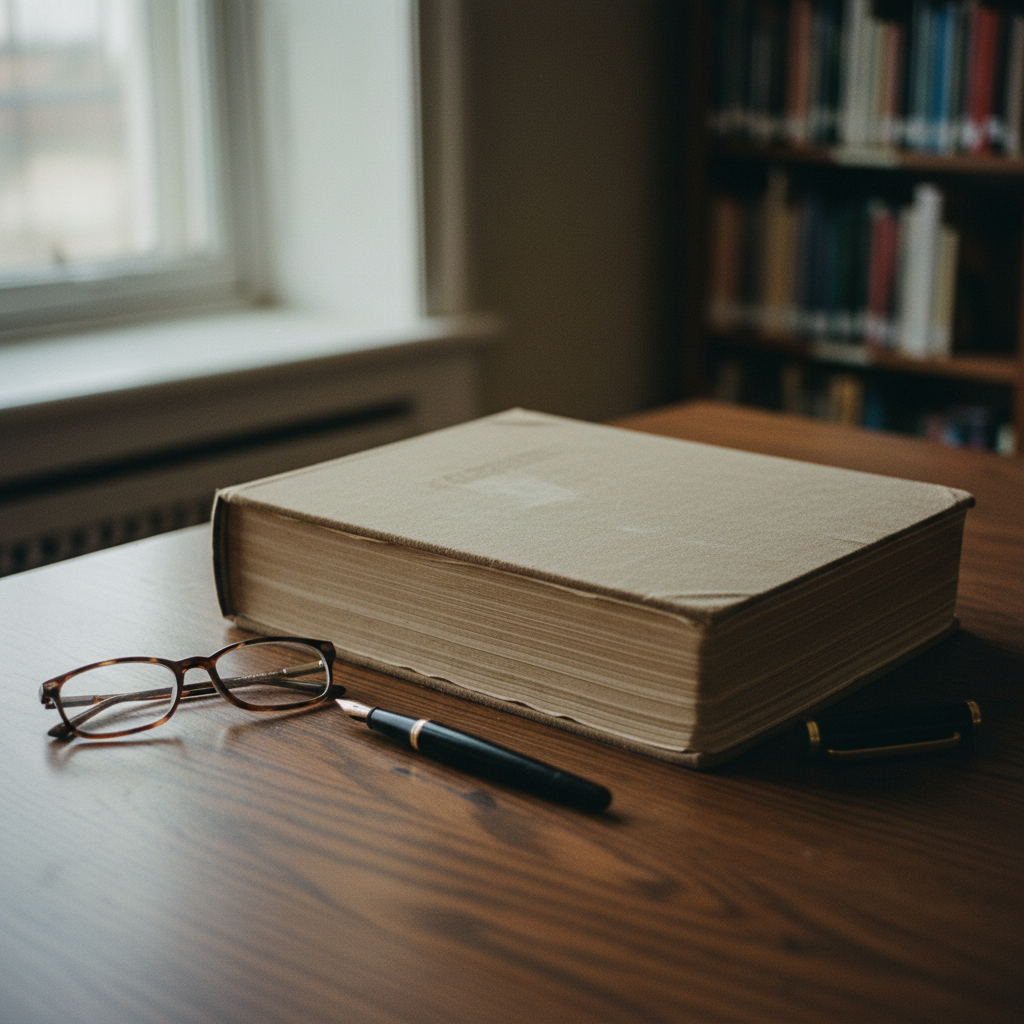 A close-up of a wooden desk in a traditional Spanish university library with a thick printed thesis and a fountain pen.