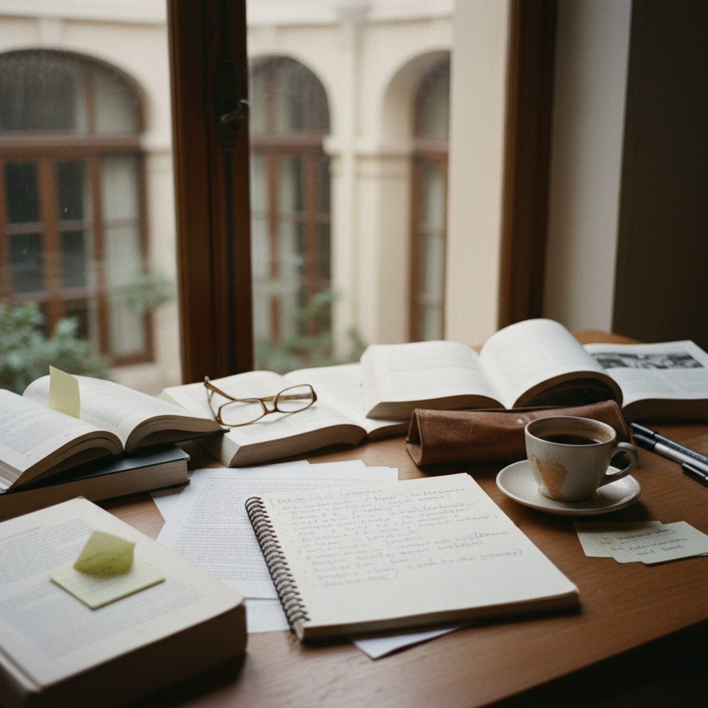 A researcher’s workspace with several open academic journals and a handwritten notebook.