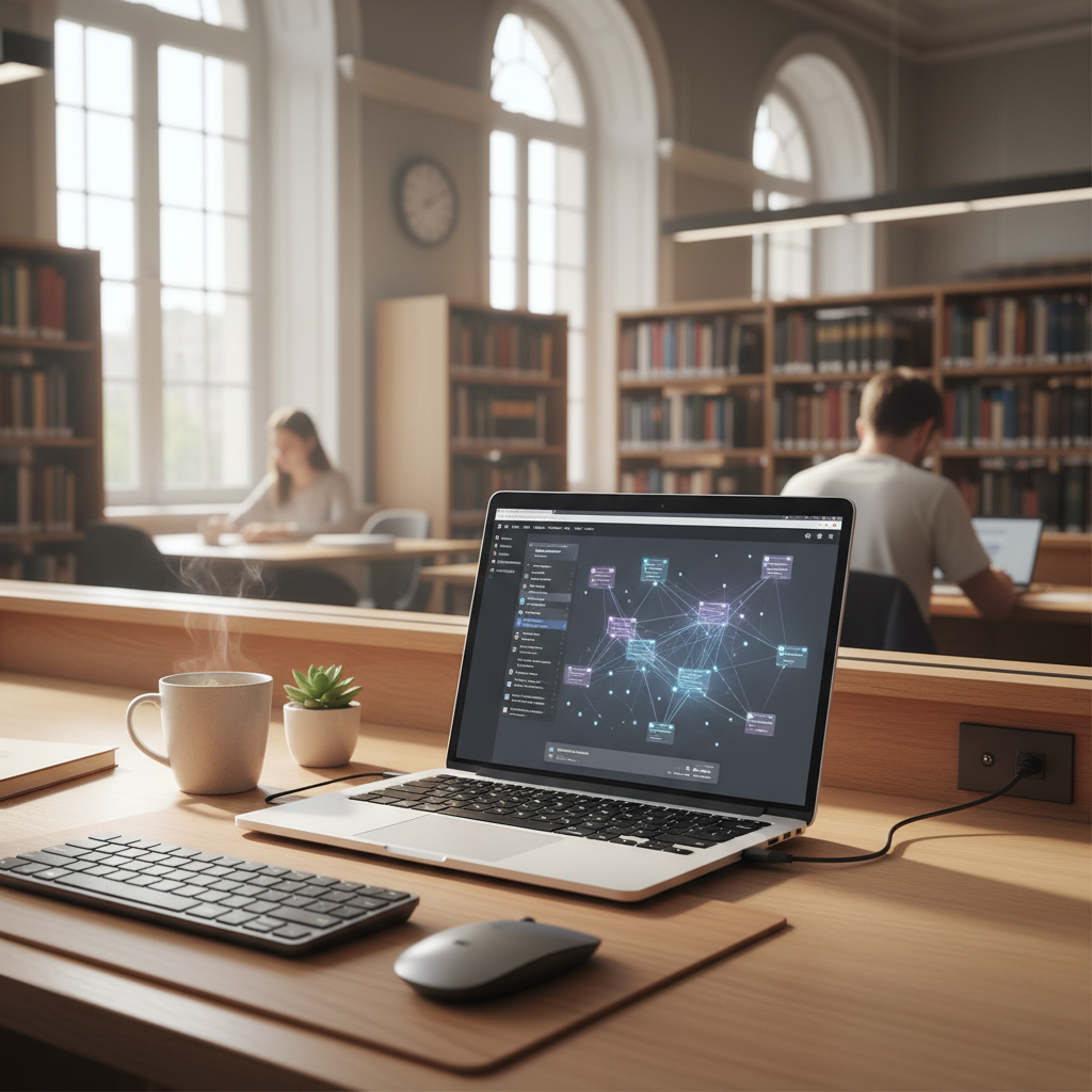 A clean, modern workspace featuring a high-end laptop showing complex academic literature maps and a cup of coffee.