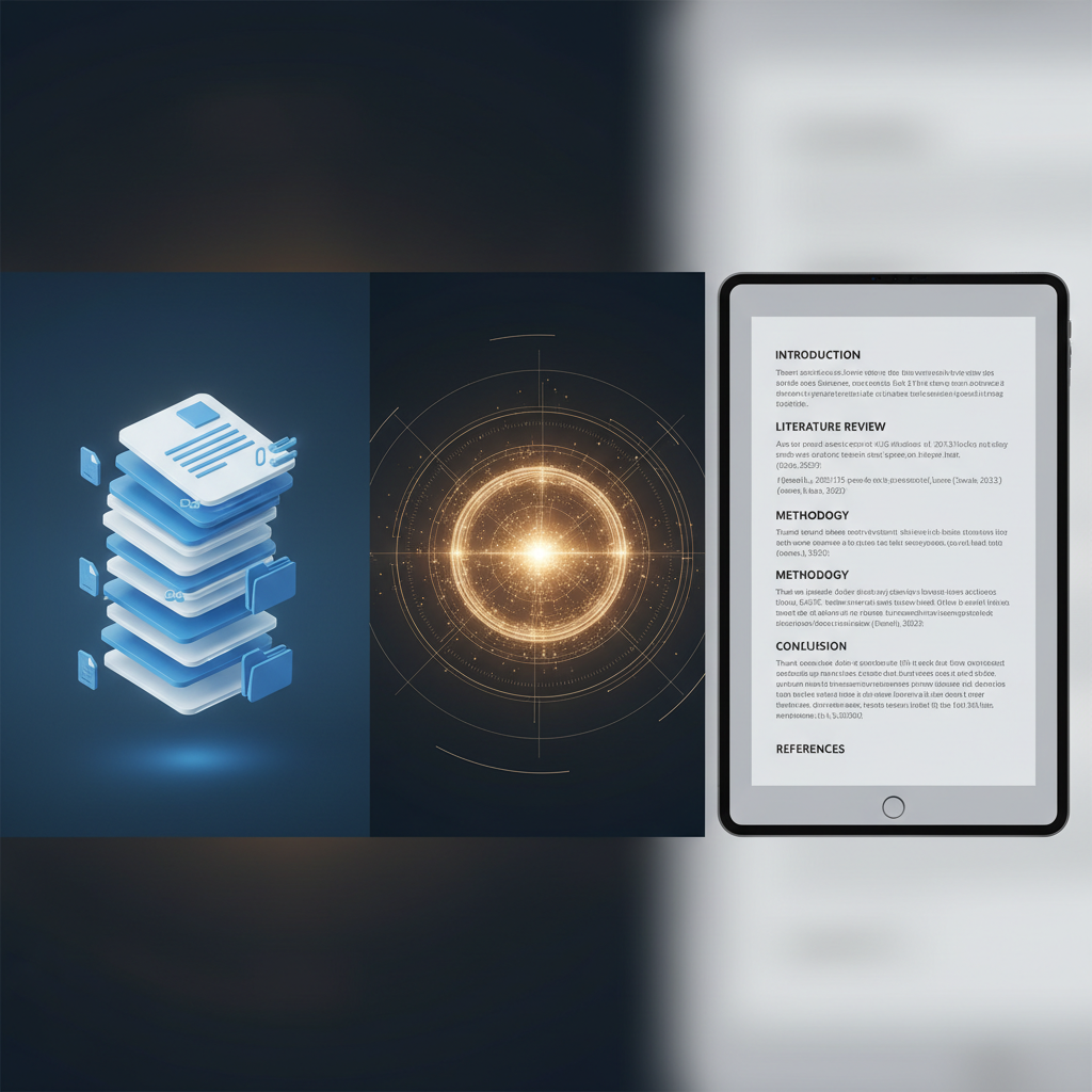 A split-screen illustration showing raw PDF documents on one side and a perfectly formatted academic review on the other.
