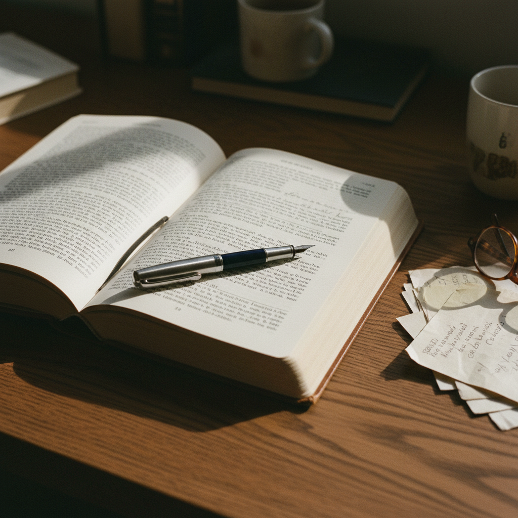 A close-up of an open academic journal on a wooden desk with a vintage fountain pen and hand-written notes in the margins.